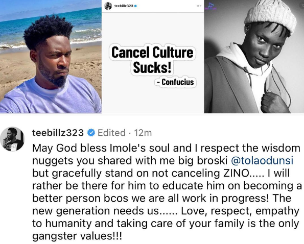 I stand on not canceling Zino - Music executive Teebillz says as he deletes post about Nigerians forgiving Naira Marley