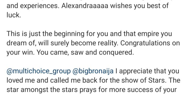 "Ilebaye my daughter and sister" Alex Unusual writes open letter to winner of Big Brother Naija All Stars