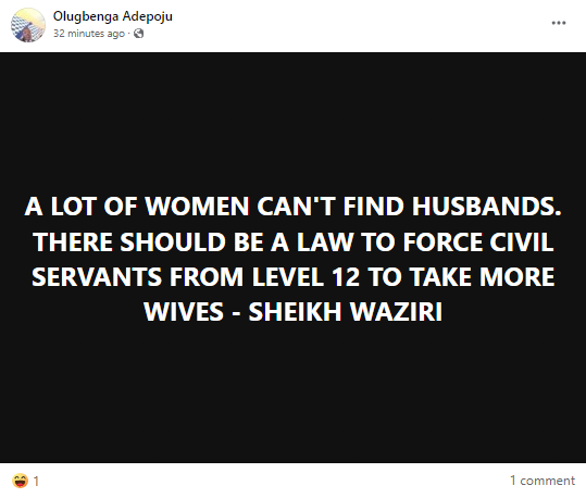 Islamic cleric urges lawmakers to institute law forcing civil servants to marry more wives