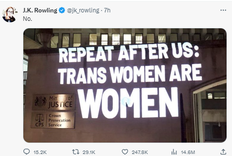 J.K Rowling insists she will not accept that transwomen are women despite being cancelled for it