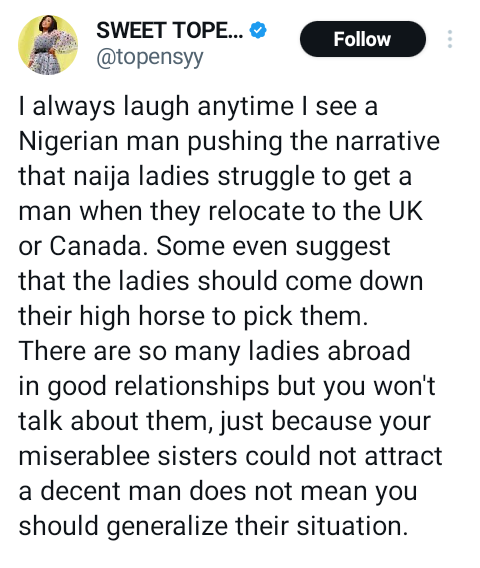 Lady debunks narrative that Nigerian women struggle to get a man when they relocate abroad