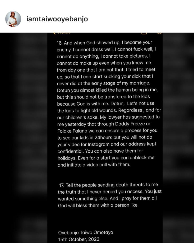 Let?s not use the kids to fight old wounds - OAP Dotun?s estranged wife, Taiwo, writes as she reveals he can now see their kids anytime he wants