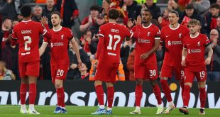 Liverpool players celebrate their opening goal during the UEFA Europa League 2023/24 match between Liverpool FC and Toulouse FC at Anfield on October 26, 2023 in Liverpool, England. (Photo by Ryan Crockett/DeFodi Images via Getty Images)
