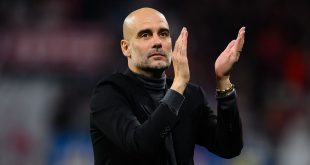 Manchester City head coach Pep Guardiola celebrates victory after the UEFA Champions League match between RB Leipzig and Manchester City at Red Bull Arena on October 04, 2023 in Leipzig, Germany.