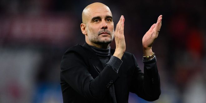Manchester City head coach Pep Guardiola celebrates victory after the UEFA Champions League match between RB Leipzig and Manchester City at Red Bull Arena on October 04, 2023 in Leipzig, Germany.