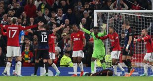 Alejandro Garnacho, Anthony Martial, Andre Onana, Raphael Varane, Christian Eriksen of Manchester United react to conceding a penalty during the UEFA Champions League match between Manchester United and F.C. Copenhagen at Old Trafford on October 24, 2023 in Manchester, England. (Photo by Matthew Peters/Manchester United via Getty Images)