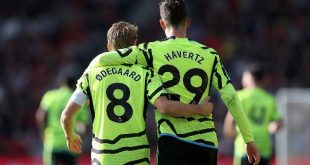 Martin Odegaard and Kai Havertz celebrate after the German scores his first Arsenal goal in the 4-0 win away to Bournemouth in September 2023.