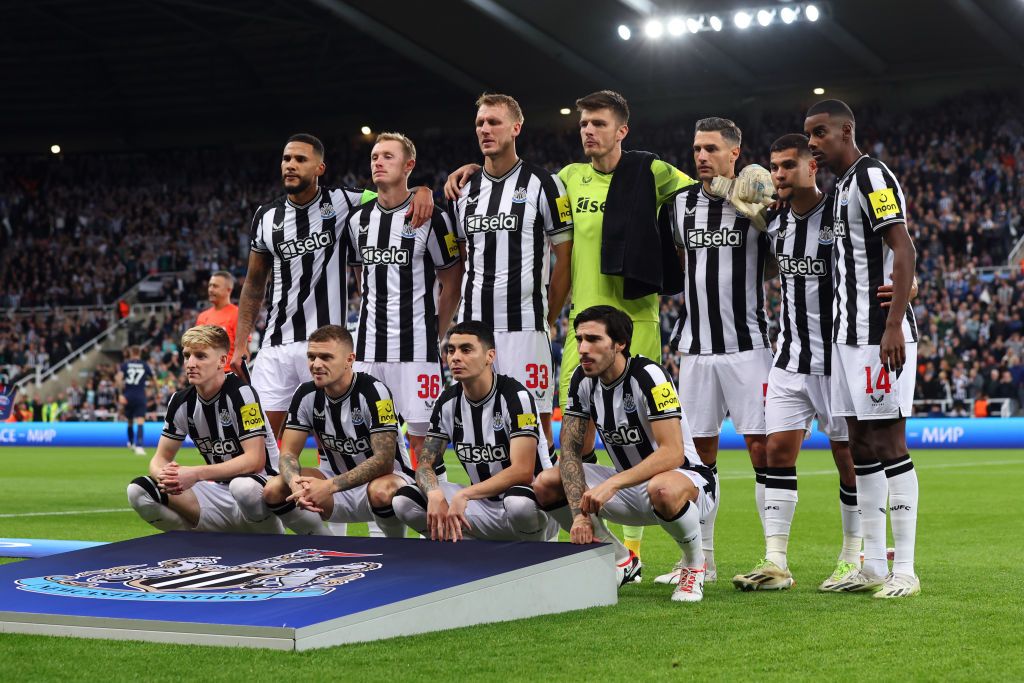 The Newcastle United starting lineup during the UEFA Champions League match between Newcastle United FC and Paris Saint-Germain at St. James Park on October 4, 2023 in Newcastle upon Tyne, England. (Photo by Marc Atkins/Getty Images)