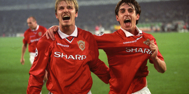 best Manchester United players ever: David Beckham and Gary Neville celebrating, Manchester United vs Juventus
