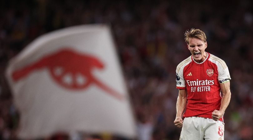 Arsenal midfielder Martin Odegaard celebrates after the Gunners