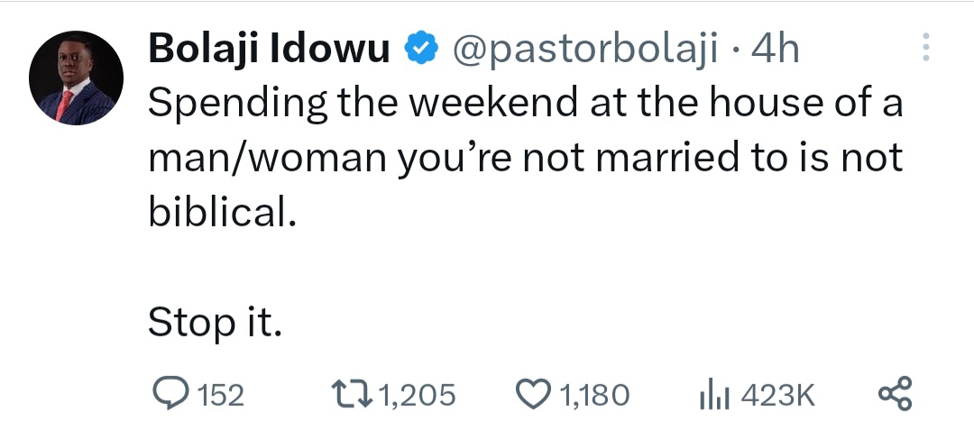 "Spending the weekend at the house of a man/woman you?re not married to is not biblical" Pastor Bolaji Idowu warns singles