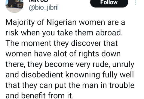 The moment Nigerian women discover that women have a lot of rights abroad, they become very rude, unruly and disobedient - Nigerian man says