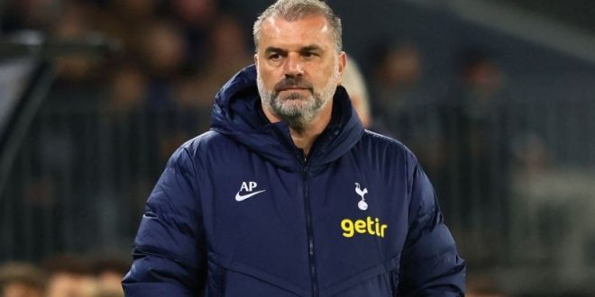 Tottenham Hotspur Manager Ange Postecoglou of Tottenham Hotspur watches from the sidelines during an exhibition football match against West Ham at Optus Stadium in Perth on July 18, 2023. (Photo by TREVOR COLLENS / AFP) / -- IMAGE RESTRICTED TO EDITORIAL USE - STRICTLY NO COMMERCIAL USE -- (Photo by TREVOR COLLENS/AFP via Getty Images)