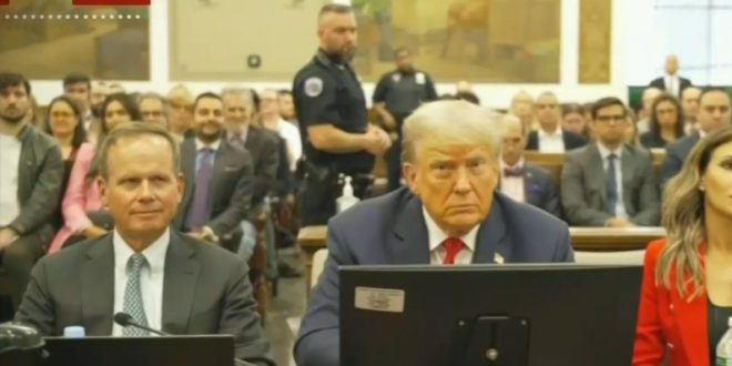 Trump sitting at the defense table during his New York fraud trial.