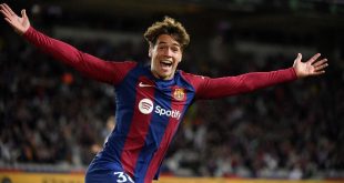 Barcelona youngster Marc Guiu celebrates after scoring on his debut at the age of 17 against Athletic Club in LaLiga in October 2023.