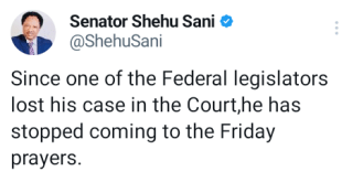 A Federal legislator stopped coming to Friday prayers since he lost his case in court - Shehu Sani says