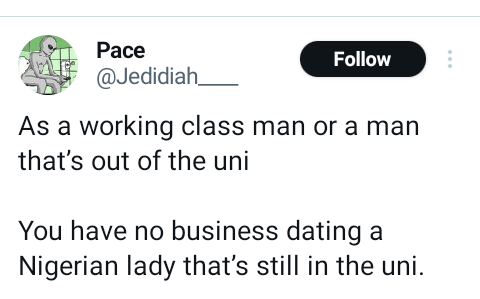 A working class man has no business dating a Nigerian lady that is still in the university - X user says