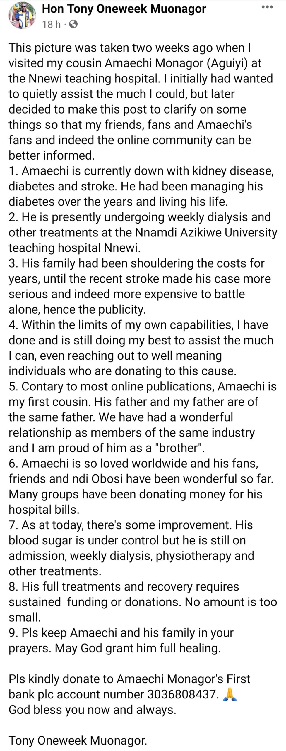 Amaechi Muonagor is down with kidney disease, diabetes,  and stroke and undergoes weekly dialysis ? Actor Tony Oneweek gives update on his cousin