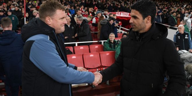 LONDON, ENGLAND - JANUARY 03: Mikel Arteta of Arsenal shakes hands with Newcastle Manager Eddie Howe before the Premier League match between Arsenal FC and Newcastle United at Emirates Stadium on January 03, 2023 in London, England. (Photo by David Price/Arsenal FC via Getty Images)