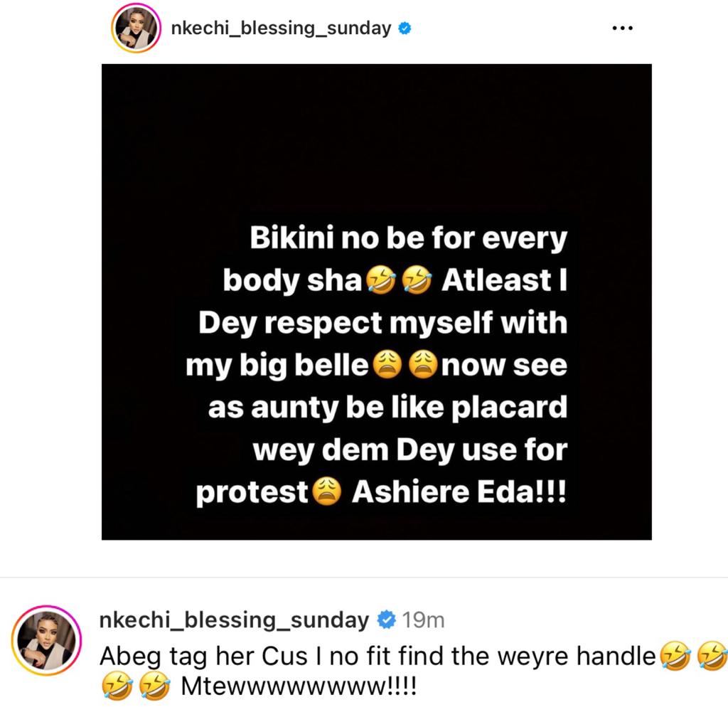 Aunty looks like placard used during protest - Actress Nkechi Blessing Sunday shades Blessing CEO after she shared bikini photos