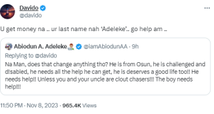 Davido replies an ?Adeleke? who tackled him for asking his uncle not to support a physically challenged boy who many thought was a girl