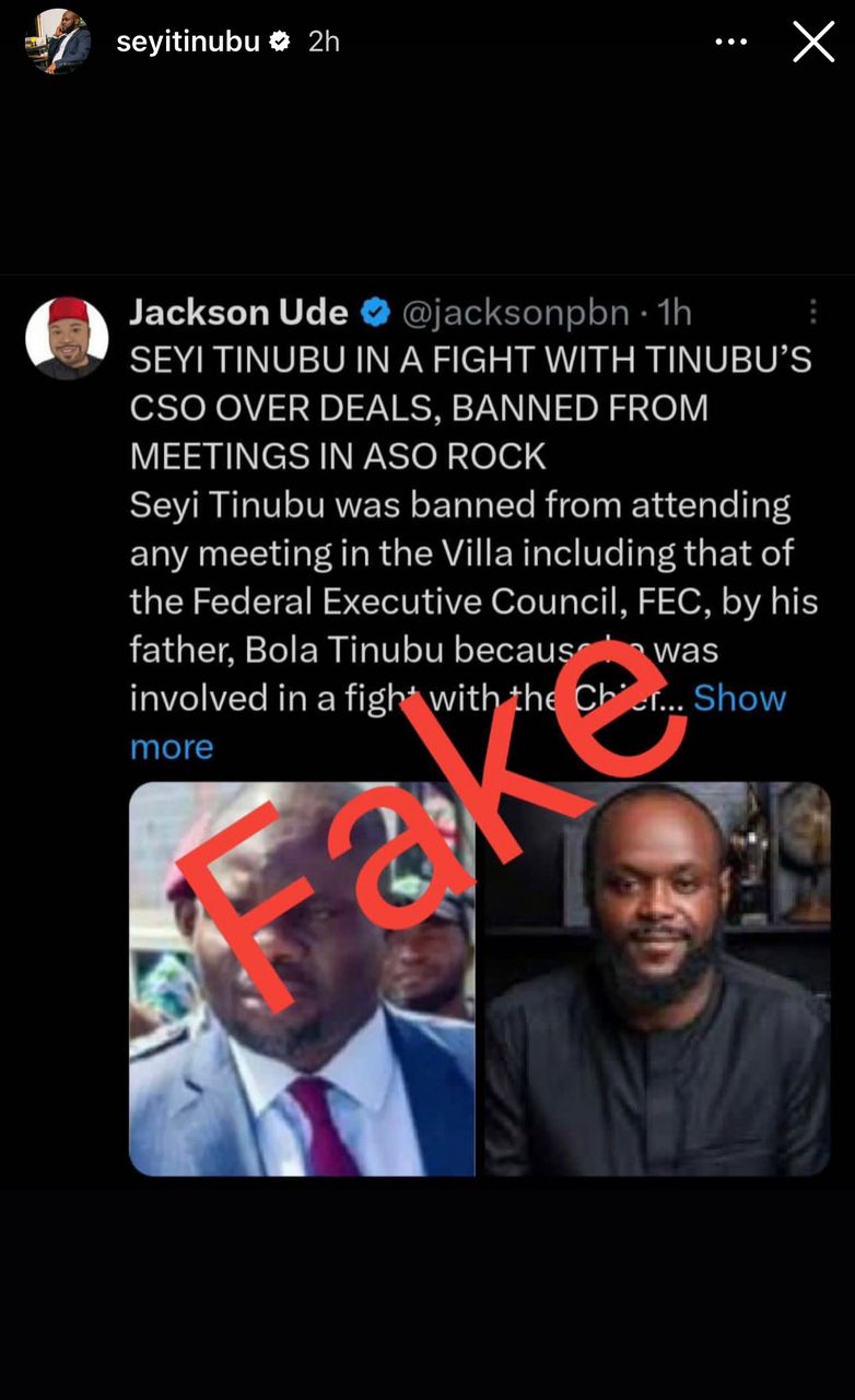 Fake- Seyi Tinubu denies report claiming he fought with his dad