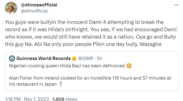 Go and bully this guy like you bullied Chef Dami ? Etinosa slams those who trolled Dami for attempting cooking marathon as Irish chef dethrones Hilda Baci