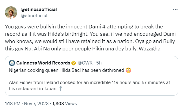 Go and bully this guy like you bullied Chef Dami ? Etinosa slams those who trolled Dami for attempting cooking marathon as Irish chef dethrones Hilda Baci