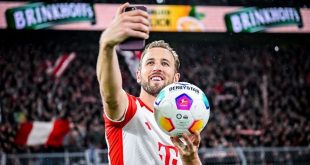 Harry Kane with the match ball after his hat-trick for Bayern Munich against Borussia Dortmund in November 2023.