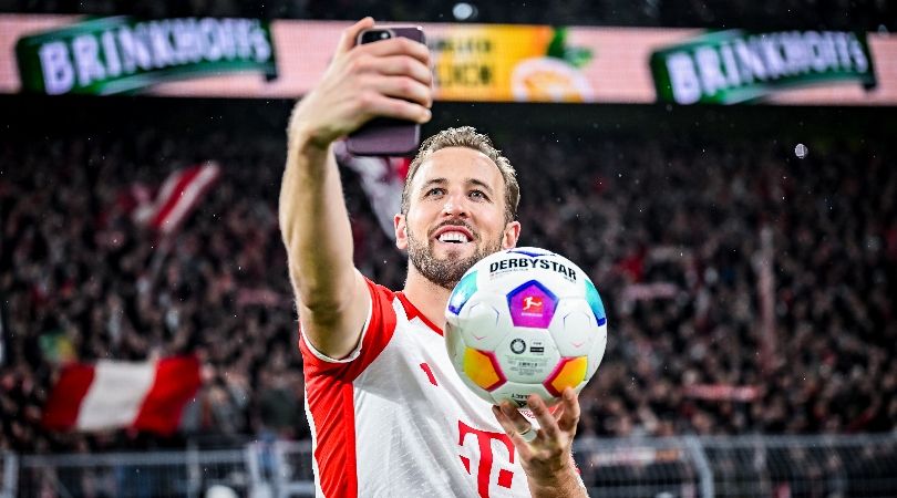 Harry Kane with the match ball after his hat-trick for Bayern Munich against Borussia Dortmund in November 2023.