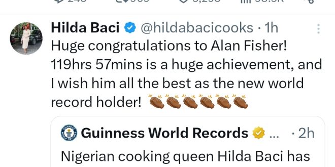 Hild Baci reacts as Irish chef, Alan Fisher, dethrones her to become Guiness World Record holder for longest cooking marathon by an individual