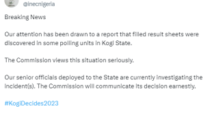 INEC begins investigation as filled result sheets are discovered in some polling units in Kogi state
