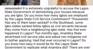 It is extremely ungrateful to accuse the Lagos State Government of demolishing your houses because you are Igbo - Reno Omokri