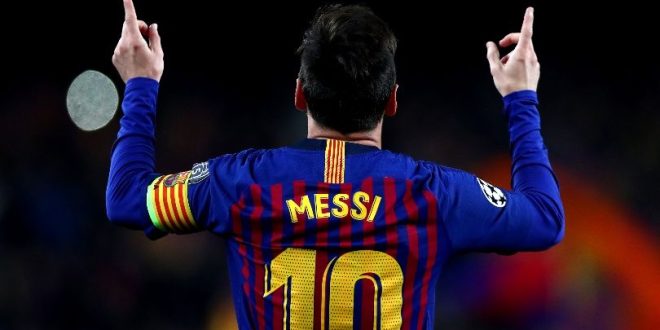 Lionel Messi celebrates after scoring for Barcelona against Manchester United in April 2019.