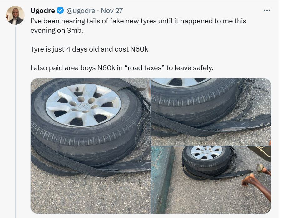 Man narrates how area boys forced him to pay N60k after his 4-day old tyre packed up on Third Mainland bridge in Lagos