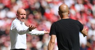 Manchester City and Manchester United managers Pep Guardiola and Erik ten Hag respectively during the Emirates FA Cup Final between Manchester City and Manchester United at Wembley Stadium on June 03, 2023 in London, England.