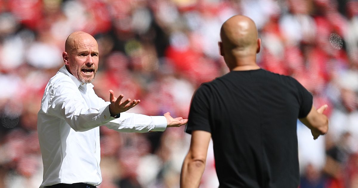Manchester City and Manchester United managers Pep Guardiola and Erik ten Hag respectively during the Emirates FA Cup Final between Manchester City and Manchester United at Wembley Stadium on June 03, 2023 in London, England.