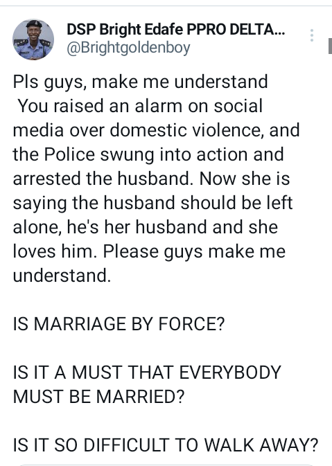 "Marriage is not by force" - Delta Police PRO reacts to case of pregnant woman being abused by her husband in Warri