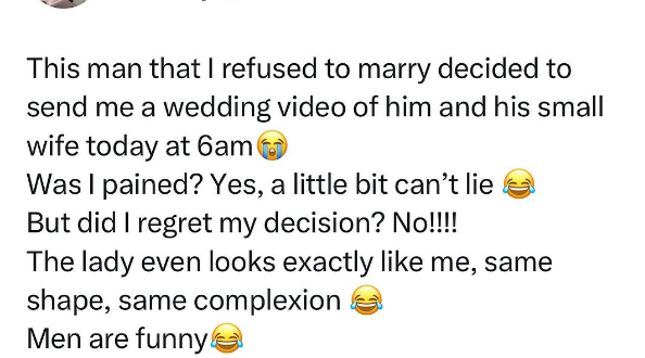 Men are funny - Nigerian woman says after her ex sends her a video from his wedding to another woman