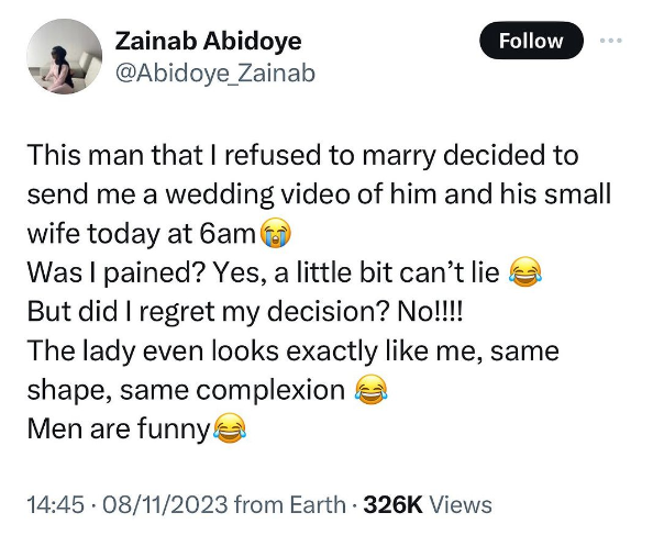 Men are funny - Nigerian woman says after her ex sends her a video from his wedding to another woman