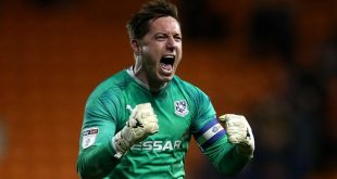 Tranmere Rovers goalkeeper Scott Davies celebrates a victory over Blackpool in 2020.