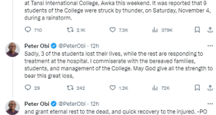 Peter Obi reacts as lightning kills three students of Tansi International College