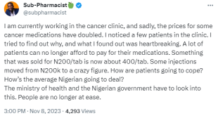 Some injections moved from N200k to a crazy figure. How are patients going to cope? - Nigerian pharmacists decries spike in drugs for cancer patients