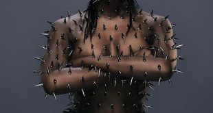 Supermodel  Naomi Campbell poses nude with her entire body covered in silver spikes