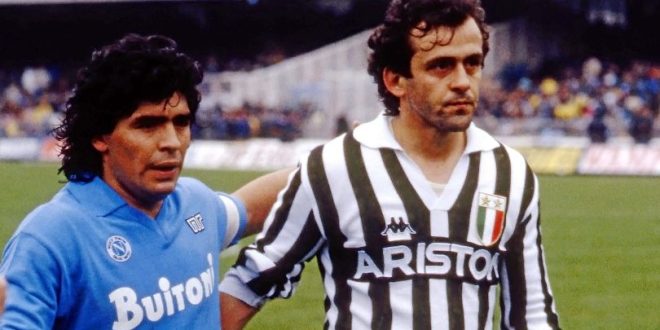 Diego Maradona and Michel Platiini poses before a Napoli-Juventus match in the 1986/87 season.