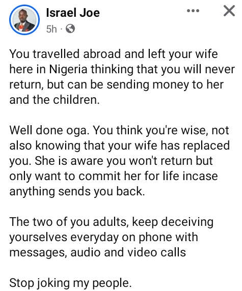 "Your wife has replaced you" - Nigerian activist tells man who travelled abroad without his family because he plans to never return