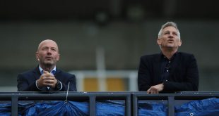 NEWCASTLE UPON TYNE, ENGLAND - JUNE 28: Tv pundits Alan Shearer and Gary Lineker are seen in the tv studio in the stands during the FA Cup Quarter Final match between Newcastle United and Manchester City at St. James Park on June 28, 2020 in Newcastle upon Tyne, England. (Photo by Owen Humphreys/Pool via Getty Images)