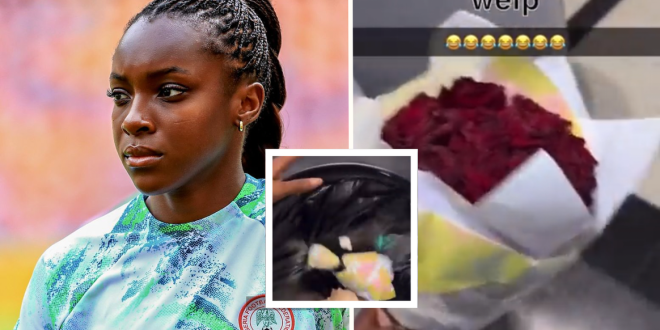 ‘What a disgusting behaviour’ —Nigerians drag Michelle Alozie after TRASHING bouquet of flowers gifted by mystery man