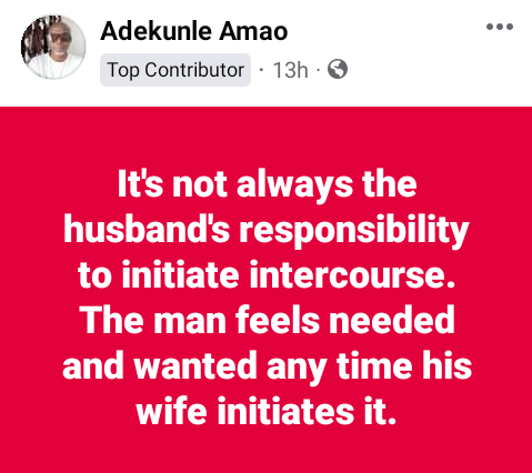 A man feels needed and wanted anytime his wife initiates intercourse - Nigerian man says