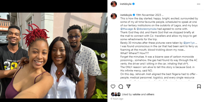Actress Iretiola Doyle recounts how she almost died fter inhaling Carbon Monoxide from a car AC